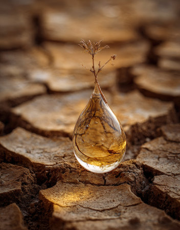 A close-up shot features a water droplet with a tiny plant growing inside, set against a cracked earth background. The image exhibits warm, earthy tones with a shallow depth of field, emphasizing the drop's texture. This visual could be useful for illustrating themes related to drought, nature, or environmental conservation.の素材