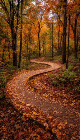 A winding path meanders through a forest, showcasing trees with orange, yellow, and red foliage. The composition features a natural outdoor scene with a mix of warm and cool tones. The image captures the essence of fall. Suitable for illustrating seasonal themes and nature-related projects.の素材