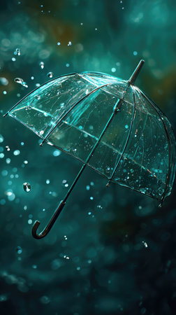 A clear umbrella is depicted against a teal background with simulated raindrops. The image showcases a transparent design and captures the visual elements of water droplets suspended in mid-air. It evokes a sense of protection and offers potential for use in various visual projects related to weather or design concepts.の素材