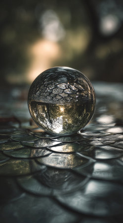 A clear sphere sits on a textured surface, reflecting light and the surrounding environment. The composition features a shallow depth of field, with soft focus in the background and sharp details in the foreground. The lighting appears natural, enhancing the sphere's reflective qualities. This image could be suitable for various commercial or editorial applications.の素材