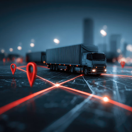 A close-up view depicts a transport truck driving on a digital map with red location markers. The scene utilizes a dark color palette. The composition features a shallow depth of field, implying speed. It could be used for illustrating topics related to logistics, transport, or supply chain. This image is suited for various commercial or editorial uses.の素材