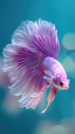 A close-up captures a Betta fish, showcasing intricate fin details and iridescent colors. The aquatic creature is set against a blurred background of teal and white. The image's composition and lighting suggest commercial use for aquatic, decorative, or artistic purposes. The artwork could be for educational or design projects.の素材