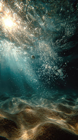 An underwater scene reveals the sun's rays filtering through the water. Bubbles ascend, creating a sense of movement. The composition highlights the interaction of light and texture with the sandy seabed. The image is suitable for diverse applications, including advertising and editorial use.の素材