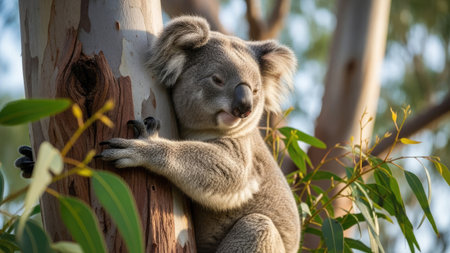 A koala bear is perched on a tree branch, bathed in soft sunlight. The image showcases the animal's gray fur, and the textured bark of the tree. The natural environment suggests a daytime setting. This image is suitable for various commercial uses, including stock photography and educational materials.の素材