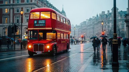 A classic red double-decker bus is the central element, positioned on a wet city street. The scene is enveloped in a dusky, atmospheric light. Silhouetted figures with umbrellas walk along the side. The image presents a blend of transportation and urban themes, suited for varied commercial purposes.の素材