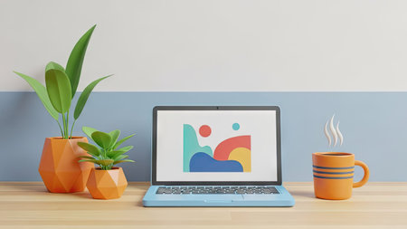 A laptop computer sits open on a wooden desk alongside a steaming coffee cup and potted plants. The image showcases a clean, minimalist style with vivid colors and soft lighting. This composition could be used in various commercial projects, including website design or editorial content.の素材