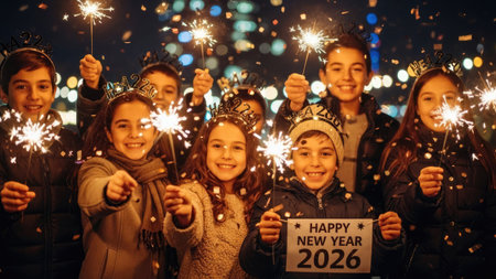 A group of children is happily celebrating the New Year by holding sparklers. The image depicts a night scene with a dark background and a bokeh effect. The children's faces reflect joy and excitement. Suitable for editorial or commercial use, it conveys a sense of celebration and togetherness.の素材