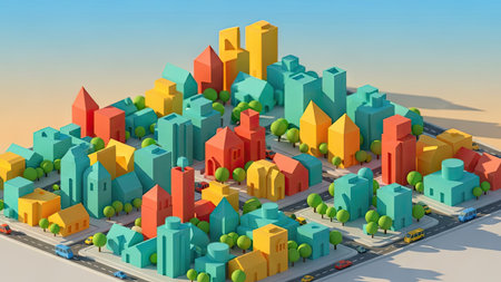 This vibrant illustration depicts a miniature isometric cityscape with various buildings. The scene showcases a variety of colored structures, creating a visually engaging composition. The image's design suggests a modern, urban environment, potentially suitable for a range of commercial and editorial purposes.の素材