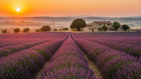 An expansive lavender field is bathed in the warm light of a setting sun. Rows of purple flowers lead the eye towards a distant house and rolling hills. The composition features vibrant colors, emphasizing the natural beauty of the environment. This image could be suitable for various commercial or editorial applications.の素材
