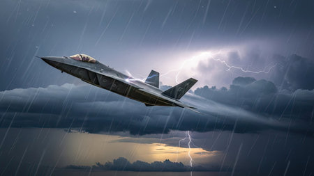 An aircraft is depicted in flight against a backdrop of dark storm clouds and visible lightning strikes. The scene is dominated by shades of gray and blue, with dramatic lighting enhancing the powerful composition. Suitable for illustrating concepts of aviation, power, or editorial content related to defense.の素材