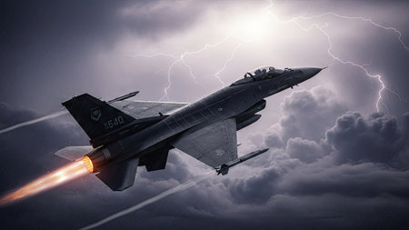 An aerial image presents a jet fighter ascending through a dynamic, stormy sky. The composition showcases the aircraft, rendered with detailed textures, against a backdrop of dark clouds and flashes of lightning. The dramatic lighting suggests a high-altitude or atmospheric environment. Suitable for a range of commercial or editorial purposes.の素材