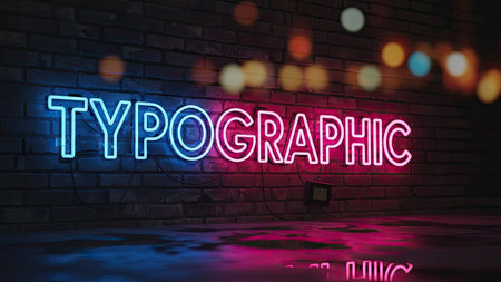 A neon sign displaying the word TYPOGRAPHIC against a textured brick wall is shown. The sign glows in blue and pink hues. The lighting creates a blurred bokeh effect in the background, with a reflective surface. This image could be useful for various design projects and advertising campaigns.の素材