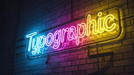 A neon sign, exhibiting the word "Typographic", is vividly displayed. The sign, with its glowing, colorful illumination, contrasts against a textured brick wall. The composition highlights the sign's graphic design. This visual is suitable for commercial and editorial applications, potentially for design, advertising, or educational resources.の素材