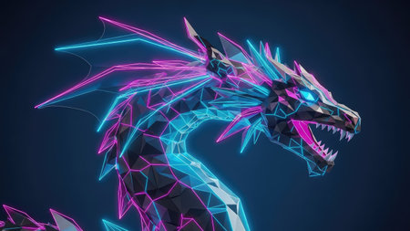 A digital illustration displays a dragon with a geometric design, highlighted by vibrant neon blue and pink lines. The artwork features sharp angles and facets, suggesting a low-poly style. It is set against a dark backdrop, creating high contrast. This image could be used for various design projects, digital art, or commercial applications.の素材