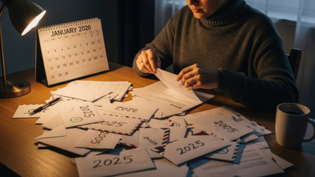 A person is carefully folding papers or mail at a desk, possibly financial documents. The scene is illuminated by a desk lamp, casting shadows on the surface. A calendar and a cup are present. This image could be used for articles or websites concerning planning, finances, or personal organization.の素材