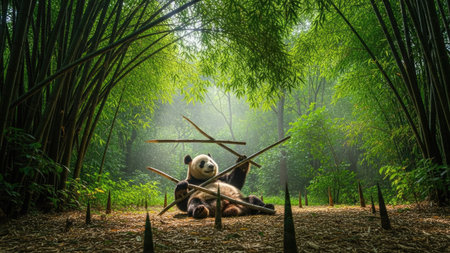 A panda rests amidst a dense bamboo forest, basking in dappled sunlight. The image showcases vibrant green foliage and brown earth tones, with a focus on natural lighting and composition. This scene is suitable for various commercial purposes, including nature-themed projects and wildlife illustrations.の素材