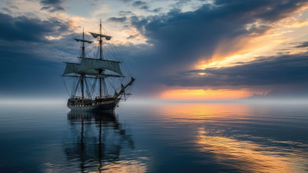A tall sailing ship floats on calm water with a colorful sunset sky reflected in the water. The image displays a vintage aesthetic with soft lighting and a dramatic composition. Suitable for commercial and editorial purposes, the scene evokes a sense of adventure and tranquility. The scene is outdoors.の素材