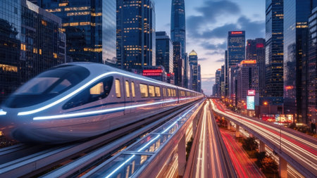 A high-speed train glides through a modern urban environment at dusk. The image showcases the sleek design of the train against a backdrop of illuminated skyscrapers. Dynamic lighting and motion blur emphasize speed and progress. Suitable for various commercial and editorial applications related to transportation and technology.の素材