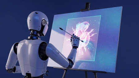 A robotic figure uses a brush to paint on a digital canvas. The composition features a clean, modern aesthetic with a focus on technology and creativity. Soft lighting illuminates the scene, suggesting an indoor setting. This image may be suitable for illustrating concepts of automation, design, or innovation in various commercial applications.の素材