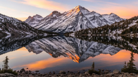 A majestic mountain range covered in snow is reflected in a calm lake at dusk. The scene displays a stunning array of colors, from the vibrant sunset to the serene water. The composition showcases the natural environment with a focus on its beauty, suitable for various commercial applications.の素材