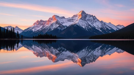 Majestic mountain range with snow-covered peaks is reflected perfectly in calm water. The scene shows a vibrant sunset with warm pink and orange hues painting the sky and the mountains. This scenic landscape could be used for various purposes like travel blogs, environmental campaigns, or artistic projects.の素材