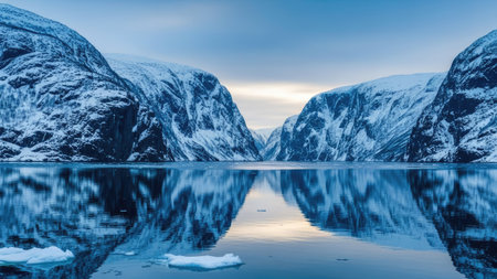 This landscape shows mountains covered in snow reflected in a body of water. The color palette primarily consists of blues and whites, with a cold, serene atmosphere. The composition emphasizes symmetry. Potential uses include editorial illustrations, travel promotions, and environmental projects.の素材