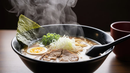 A close-up shot presents a bowl of steaming ramen. The dish features noodles, a boiled egg, and vegetables. The warm light highlights the textures of the ingredients. The composition suggests an indoor setting, and this image could be used for culinary publications or commercial purposes.の素材