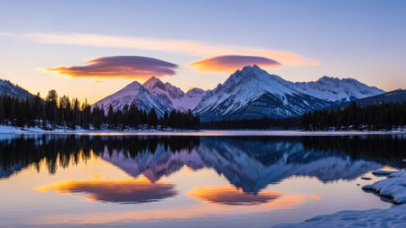 A tranquil scene features snow-capped mountains reflected in still water under a colorful sky. The composition emphasizes natural beauty, with a balanced arrangement of land and sky. This image showcases rich colors and textures, suggesting a peaceful environment, suitable for various editorial and commercial applications.の素材
