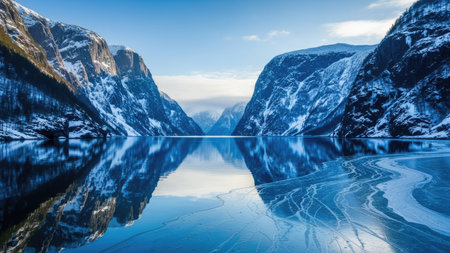 This image showcases a scenic landscape with majestic mountains and a tranquil body of water. The composition highlights the symmetry of the peaks reflected in the still water. The scene features cool tones, contrasting textures, and bright lighting, suitable for various editorial and commercial applications.の素材