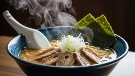 A close-up view displays a bowl of hot ramen noodles with meat slices and seaweed garnish. Steam rises from the dish, set in a blue patterned bowl. The composition features a ceramic spoon. The warm lighting highlights the textures. Suitable for illustrating various culinary or editorial themes.の素材
