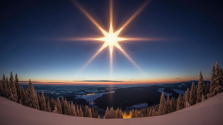 An eye-level shot captures a vibrant sunburst against a deep blue sky above a snow-covered mountain range. The composition shows the silhouettes of trees, enhancing the visual depth of the scene. Suitable for a wide variety of commercial and editorial purposes, the image conveys a sense of wonder.の素材