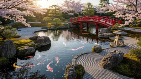 This image showcases a peaceful Japanese garden scene featuring a red bridge arching over a pond. The composition captures the natural beauty of the environment with cherry blossom trees in full bloom and koi fish swimming in the water. This picture provides a calming atmosphere, which would be suitable for various commercial and editorial applications.の素材