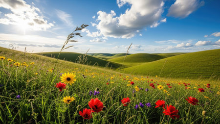 A scenic view of a field filled with colorful wildflowers, including red and yellow blooms. The image showcases rolling green hills under a bright blue sky with fluffy white clouds. The composition features a natural, sunny environment. Suitable for a variety of commercial and editorial uses.の素材