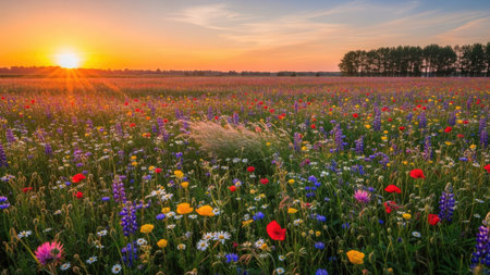 A field of colorful wildflowers basks in the golden light of a setting sun. The composition features various blooms, from red poppies to purple lupines, set against a backdrop of trees and a clear sky. This image evokes feelings of tranquility and could be used for editorial and commercial purposes.の素材