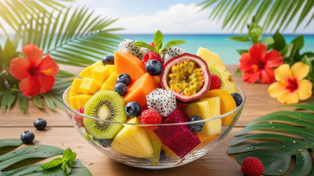 A glass bowl brimming with a colorful assortment of fresh tropical fruits is the focal point. Various textures and bright colors of the fruit create a visually appealing composition, suggesting a healthy meal. The outdoor setting and soft lighting imply a relaxed atmosphere, suitable for commercial projects.の素材