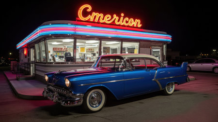 An old blue car is parked in front of a diner with bright neon lights. The image showcases a classic vehicle and architecture illuminated at night. It features cool colors and a wide composition with an overhead perspective. This image would be suitable for commercial projects or editorial use.の素材