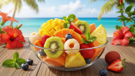 A close-up captures a colorful fruit salad in a glass bowl set on a wooden surface. The image showcases various fruits like mango, papaya, kiwi, and berries. The scene is illuminated by sunlight, with a blurred ocean and tropical vegetation in the background. Suitable for culinary, healthy eating, or travel-related content.の素材