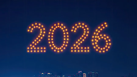 The image showcases the year 2026, formed with bright, glowing lights against a deep blue backdrop. The arrangement of the numerals suggests a festive or celebratory occasion. The composition has a clean, modern aesthetic with a focus on illumination. It could be suitable for various visual communication projects, offering a sense of time or future events.の素材