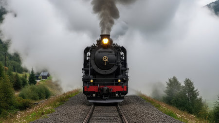 An old steam train moves forward on tracks, spewing smoke. The composition features the train centered with a forward view. Color palette includes black, gray, and green. The surrounding environment suggests a mountain setting with trees. This image may be suitable for illustrating transport and historical themes.の素材