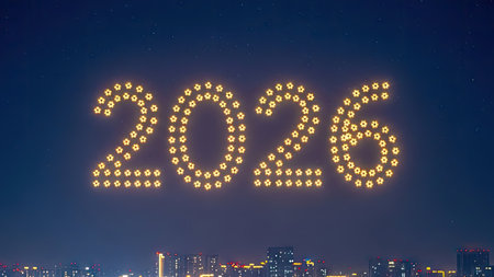 The image showcases the year 2026, formed by numerous glowing lights against a dark night sky. The composition features a symmetrical arrangement, with a focus on the illuminated numbers. The scene evokes a sense of anticipation. It could be used for conceptual designs related to the future.の素材