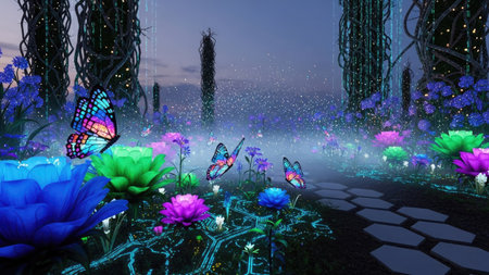 A whimsical scene presents butterflies fluttering among colorful flowers in a fantasy garden. Bright blues, greens, and purples create a surreal environment. The artwork features a low-angle perspective, perhaps suitable for digital art, book covers, or creative projects. The image evokes a sense of tranquility and magic.の素材