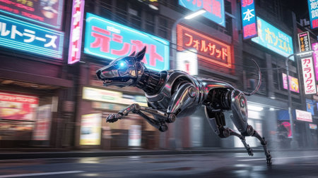A metallic canine robot is depicted in mid-stride, racing through a city street. The scene is illuminated by vibrant neon signs casting colorful hues. The artwork employs digital rendering techniques with detailed textures. It has a cinematic composition and lighting, suggesting science fiction themes, and suitable for commercial projects.の素材
