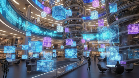 An interior shot reveals a futuristic library environment. The scene features multiple holographic displays and digital data cubes floating throughout the space. Colors include blue, purple, and white, with a focus on lighting and composition, suggesting a technologically advanced interior. Suitable for illustrating technology, data, and digital innovation concepts.の素材