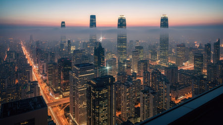 An elevated view captures a sprawling city skyline at dusk. Numerous skyscrapers pierce through a layer of atmospheric haze. The scene showcases modern architecture, with lights illuminating the streets. This urban landscape may be suitable for architectural, travel, or commercial projects.の素材