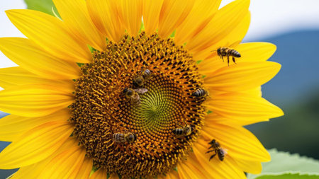 A vibrant sunflower is the focal point, its bright yellow petals radiating outwards. Multiple bees are actively foraging on the flower's central disc. The image exhibits natural sunlight and a blurred background suggestive of an outdoor environment. Suitable for editorial purposes and commercial designs.の素材