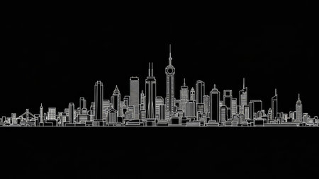 A grayscale cityscape silhouette featuring various modern building structures stands against a deep black background. The design showcases detailed outlines, creating a sense of depth and architectural complexity. This graphic is suitable for illustrative purposes in presentations or conceptual design projects, offering versatility for editorial and commercial applications.の素材