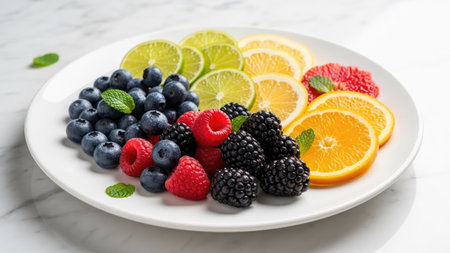 A close-up showcases a plate filled with vibrant berries and sliced citrus fruits. The composition highlights the various colors and textures of the ingredients. The arrangement is illuminated with soft lighting, suggesting an indoor setting. This image is suitable for various commercial uses, including health, wellness, and culinary themes.の素材