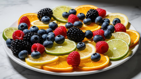 An overhead view displays an assortment of fresh fruits artfully arranged on a white plate. The composition features vibrant orange slices, green lime rounds, and an array of berries in shades of red and blue. The lighting appears bright, and the image suggests a healthful meal with potential use in advertising or editorial contexts.の素材