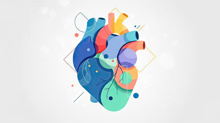 A vibrant illustration showcases a stylized anatomical heart, rendered with diverse colors and abstract geometric elements. The composition features a clean, white backdrop with a focus on the central subject. This artwork's modern style and color palette make it suitable for various medical, educational, or design-related projects.の素材