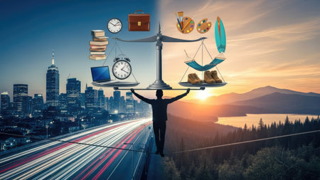This conceptual image depicts a person balancing work and leisure aspects. The left side showcases a cityscape, and the right presents a natural landscape. Various objects symbolize work and relaxation. This image is suitable for illustrating themes related to career, lifestyle choices, or work-life balance for various commercial or editorial uses.の素材